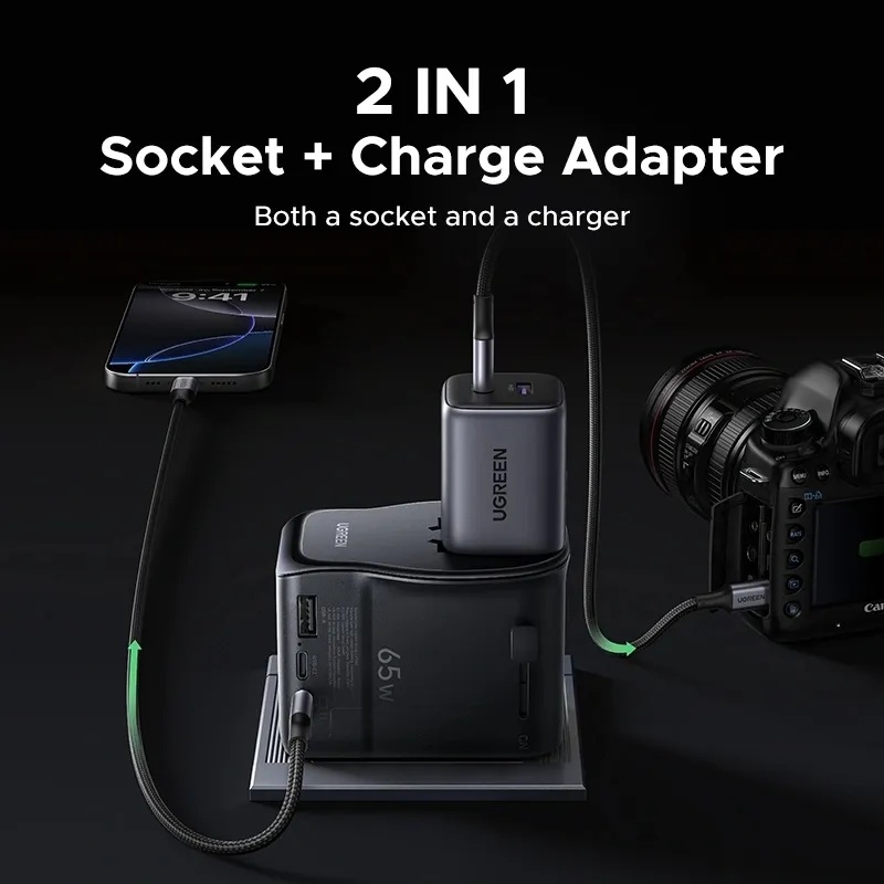 UGREEN 65W GaN Universal Travel Charger with 3 USB Ports (2 USB-C + 1 USB-A) & AC Socket – PD Fast Charging | S550 / 55001 |