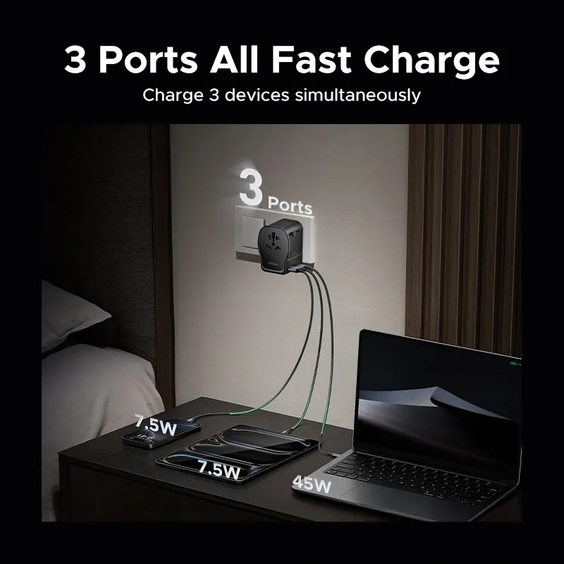 UGREEN 65W GaN Universal Travel Charger with 3 USB Ports (2 USB-C + 1 USB-A) & AC Socket – PD Fast Charging | S550 / 55001 |