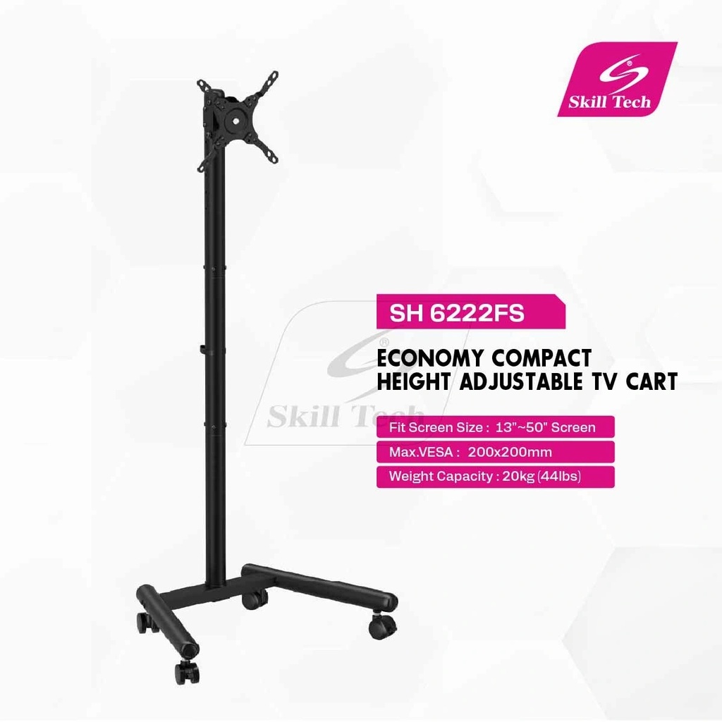SKILL TECH Economy Compact TV Cart Stand with Height Adjustment, Tilt & Rotation Support (13"–50") | SH 6222FS |