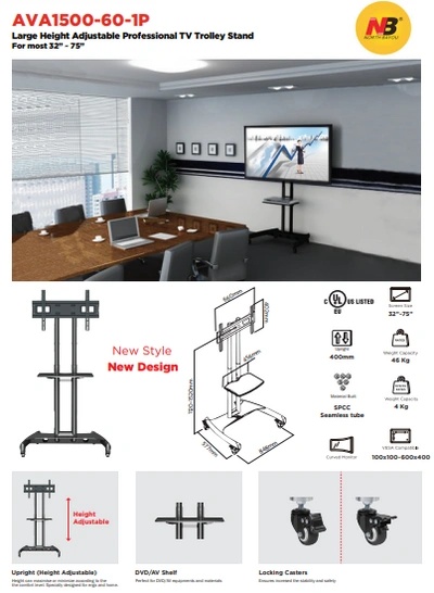 Height Adjustable Professional TV Trolley Stand for 32"–75" Screens, Premium Mobile Cart with Shelf & Lockable Wheels | AVA-1500-60-1P |
