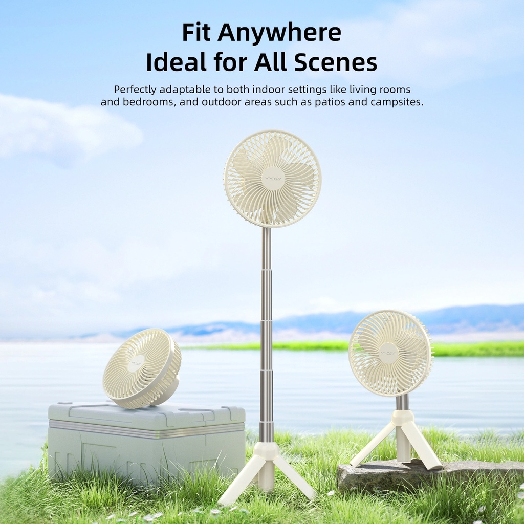 Vyvylabs D09 Multi-Functional Camping Tripod Fan with LED & Hooks – 4000mAh Battery, 4 Speed Levels, Up to 14 Hours Runtime | VKD09 |