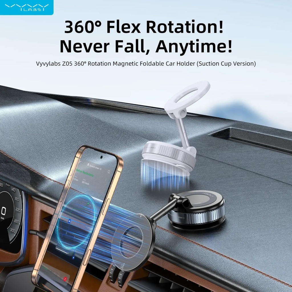 Vyvylabs Z05 360° Rotation Magnetic Foldable Car Phone Holder – Suction Cup Mount, 4.7–6.7” Phones, PC+ABS+Zinc Alloy | VJZ05 |