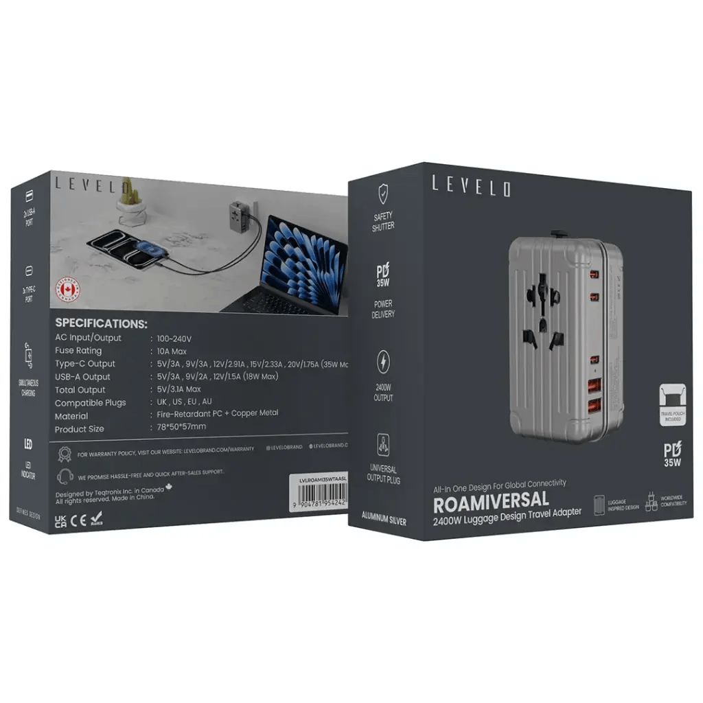 Levelo Roamiversal 2400W Travel Adapter – Universal Plug with 35W PD, 3× USB-C & 2× USB-A | LVLROAMI35WTAASL |