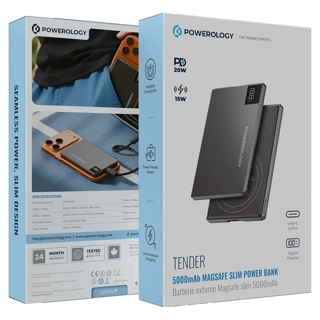 Powerology Tender 5000mAh MagSafe Slim Power Bank – 20W PD USB-C & 15W Wireless Charging | PPBCHA107GY |