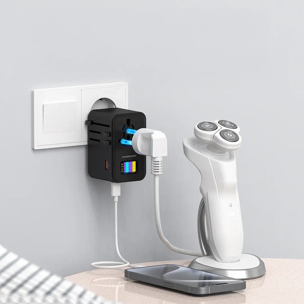 Powerology GaN 75W Universal Charger – 2500W Universal Travel Adapter with 3× USB-C, 1× USB-A & PD 70W Fast Charging | PWC041 | PWCUQC041 |
