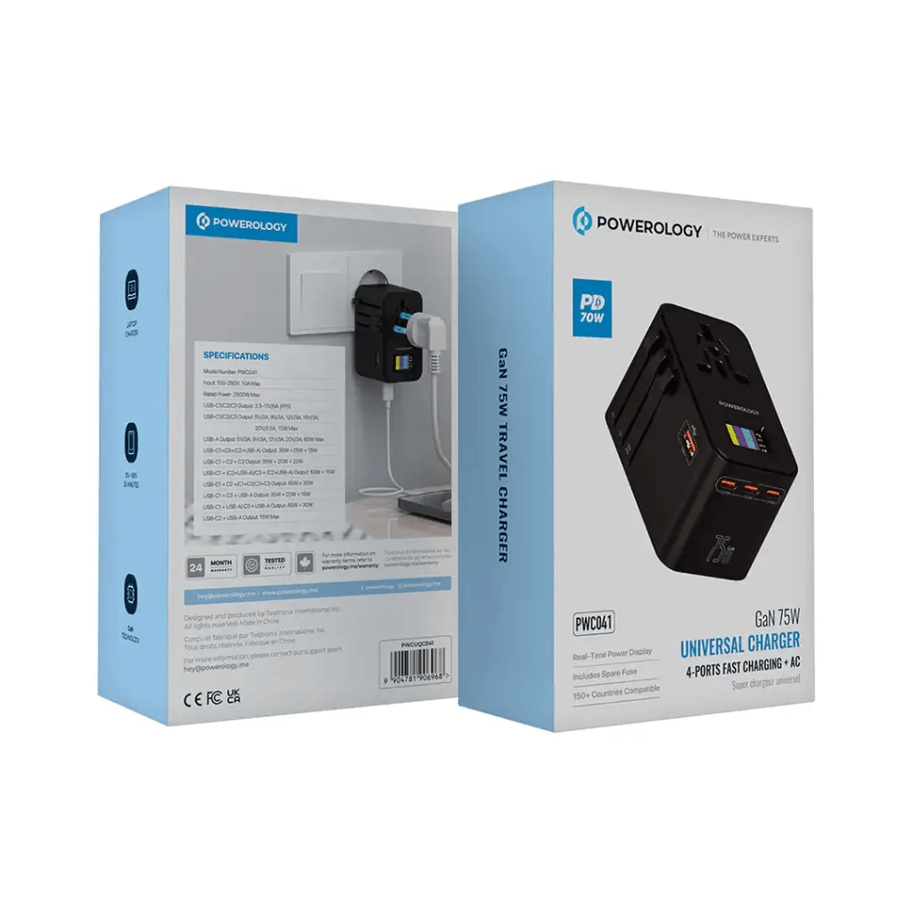 Powerology GaN 75W Universal Charger – 2500W Universal Travel Adapter with 3× USB-C, 1× USB-A & PD 70W Fast Charging | PWC041 | PWCUQC041 |