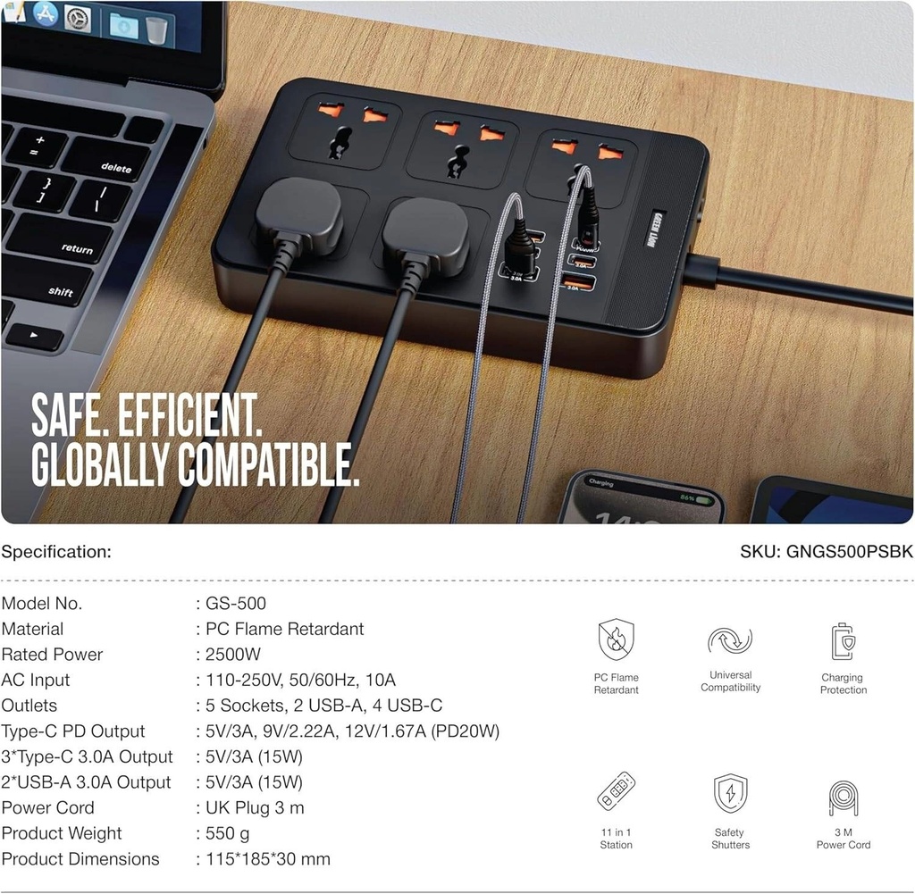 Green Lion GS-500 Power Socket 2500W 11-in-1 Extension with 5 AC Sockets PD 20W USB-C Fast Charging - Multi-Port Power Strip for Home and Office | GNGS500PSBK |