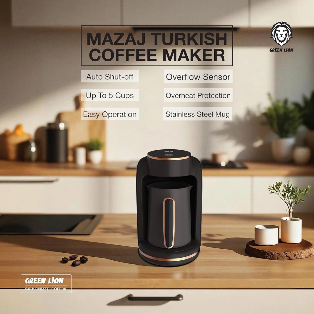 Green Lion Mazaj Turkish Coffee Maker 600W 250mL Capacity 5-Cup One-Touch Brewing - Fast Brewing with Auto Shut-Off and Overflow Protection | GNMZTUCOFFBK |