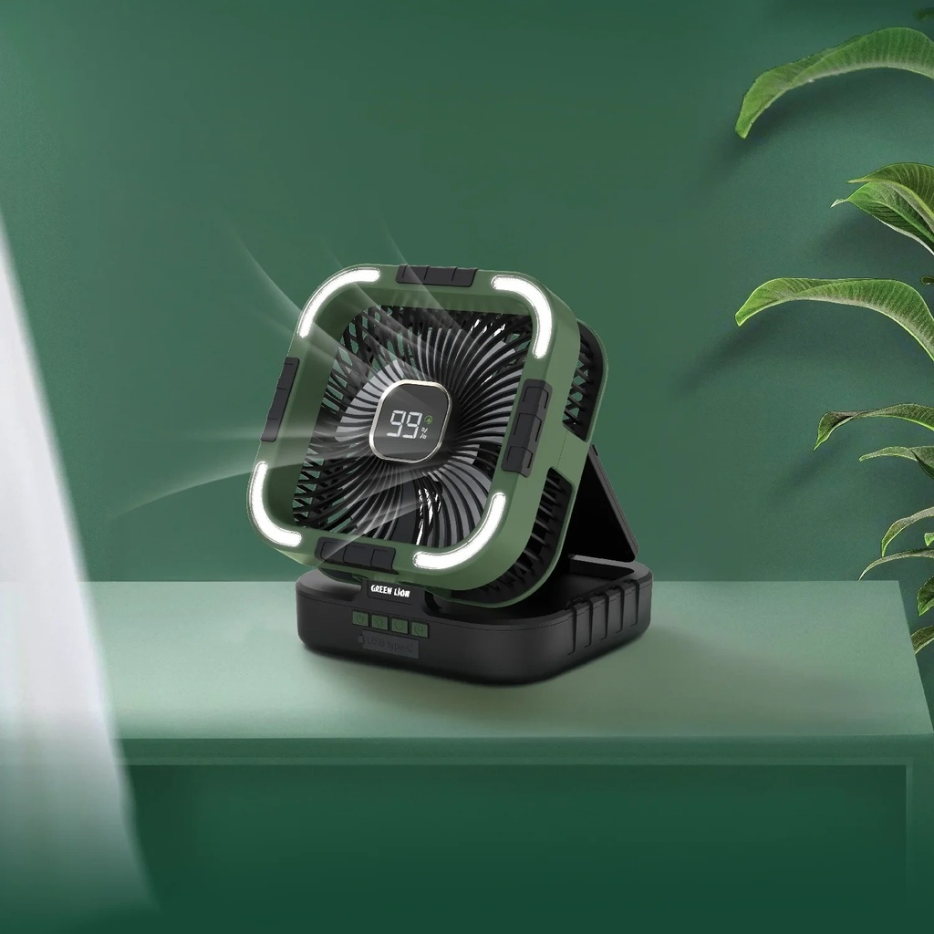 Green Lion 3-in-1 Solar Fan 10000mAh Battery 10W 6-Speed LED Light Power Bank - Portable Rechargeable Fan with Solar Charging | GNPF25SOLFNBK |
