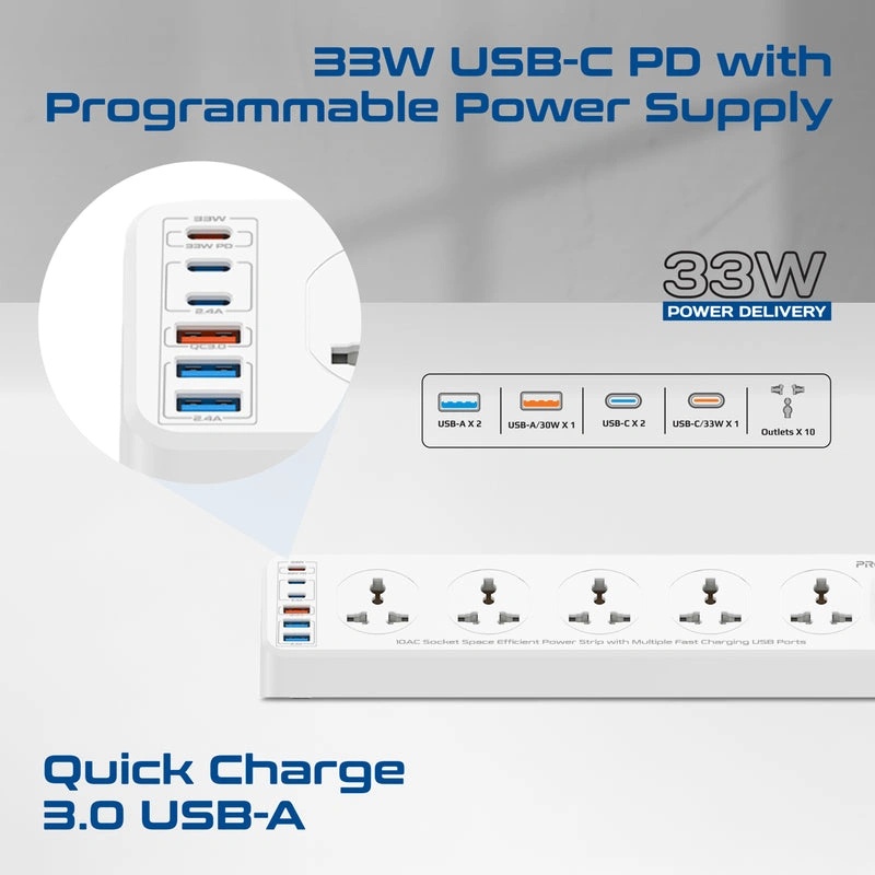 PROMATE Power Strip 2500W 10 AC Sockets 6 USB Ports 33W Fast Charging 5M Cable - Space-Efficient Extension with Surge Protection | PowerMatrix2-5M |
