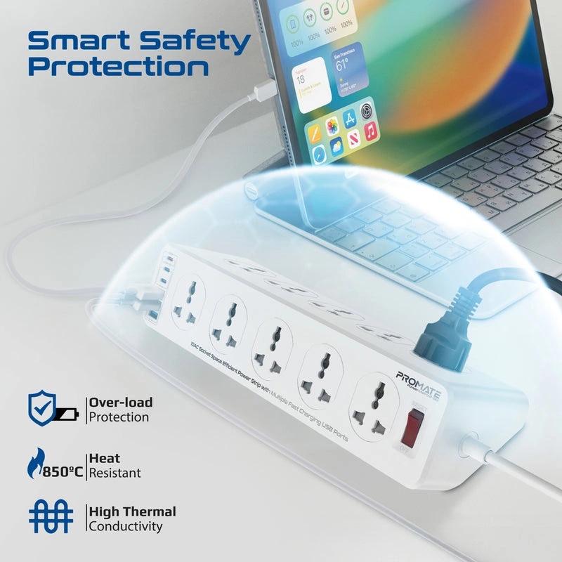 PROMATE Power Strip 2500W 10 AC Sockets 6 USB Ports 33W Fast Charging 5M Cable - Space-Efficient Extension with Surge Protection | PowerMatrix2-5M |