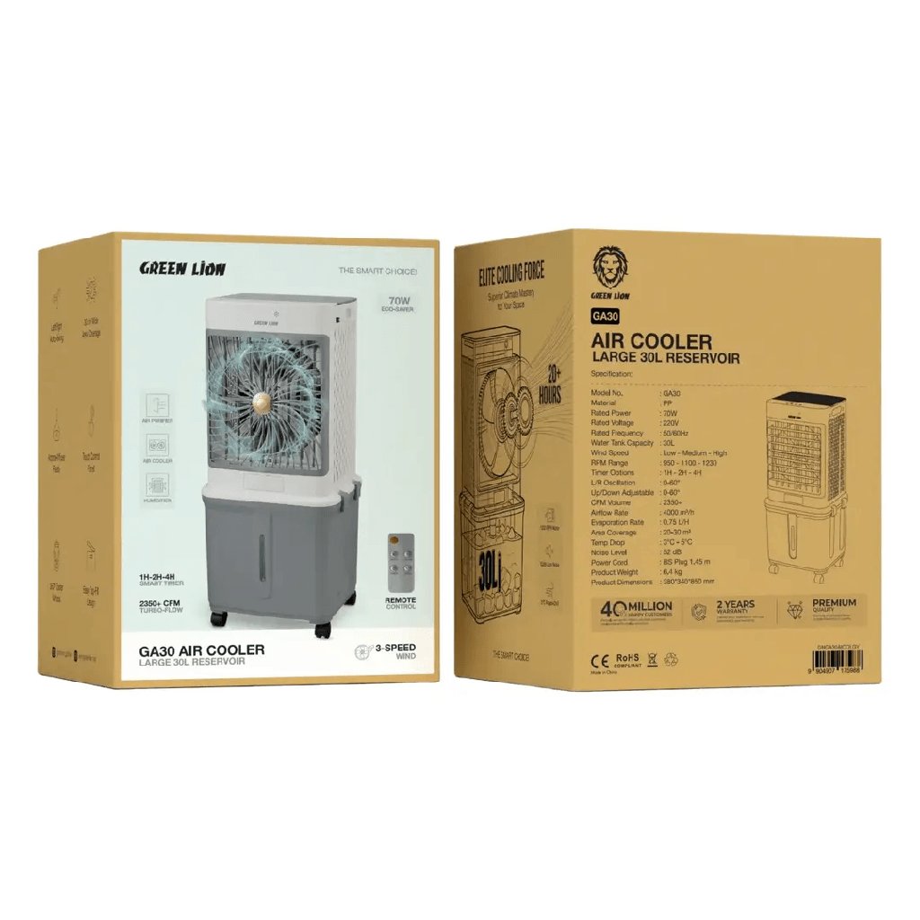 Green Lion GA30 Air Cooler 30L Water Tank 70W 4000m³/h Airflow Remote Control - Portable Air Cooler with Humidifier and Air Purifier | GNGA30AICOLGY |