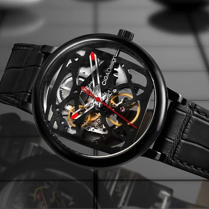 CIGA Design Automatic Mechanical Watch 44mm Skeleton Dial Seagull Movement 3ATM Water Resistance - Stainless Steel Watch with Black Leather Strap | Z021 |