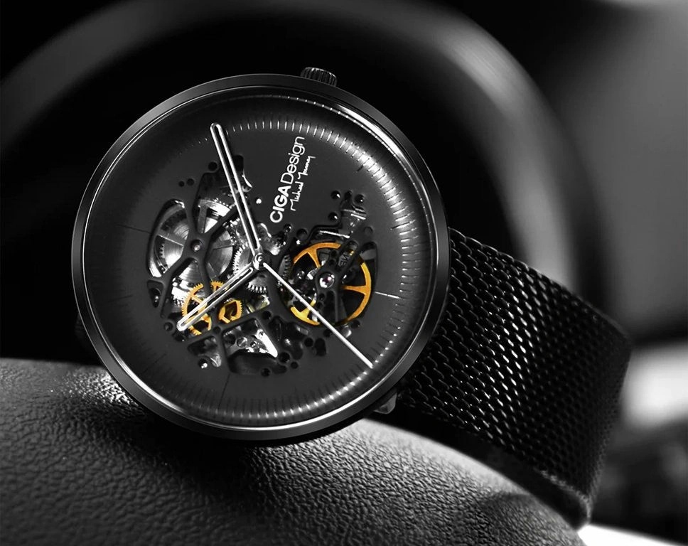 CIGA Design My Series Automatic Watch 45mm Skeleton Dial Seagull Movement 3ATM Water Resistance - Stainless Steel Watch with Black Mesh & Leather Straps | M021-BLBL-W13 |