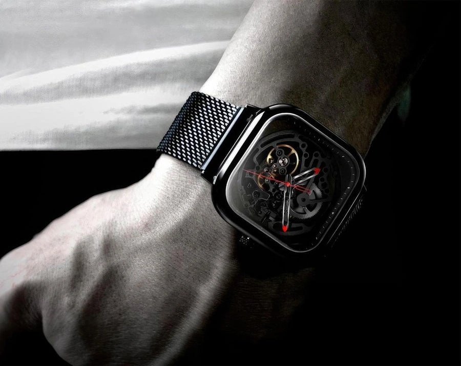 CIGA Design Series C Automatic Mechanical Watch 40mm Skeleton Dial Seagull Movement Sapphire Crystal - Square Stainless Steel Wristwatch | Z011 |