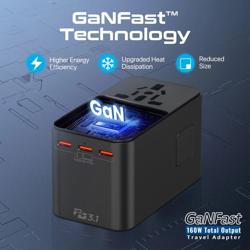 PROMATE GaNFast™ 160W Universal Travel Adapter with 3 USB-C PD Ports, 60W USB-A, Universal AC Socket & Worldwide Plug Compatibility | TripMate-GaN160 |