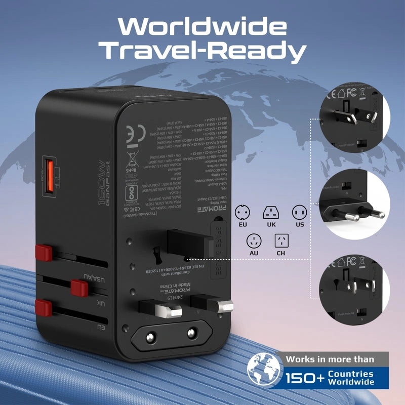 PROMATE GaNFast™ 160W Universal Travel Adapter with 3 USB-C PD Ports, 60W USB-A, Universal AC Socket & Worldwide Plug Compatibility | TripMate-GaN160 |