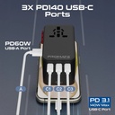 PROMATE GaNFast™ 160W Universal Travel Adapter with 3 USB-C PD Ports, 60W USB-A, Universal AC Socket & Worldwide Plug Compatibility | TripMate-GaN160 |