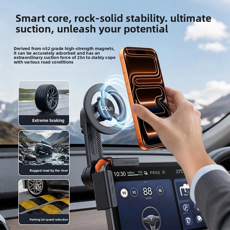 GOJI Car Screen Phone Holder with 360° Rotation, Telescopic Arm, Magnetic & Vacuum Suction Mount - Universal Dashboard & Touchscreen Phone Mount for Tesla & More | G18 |