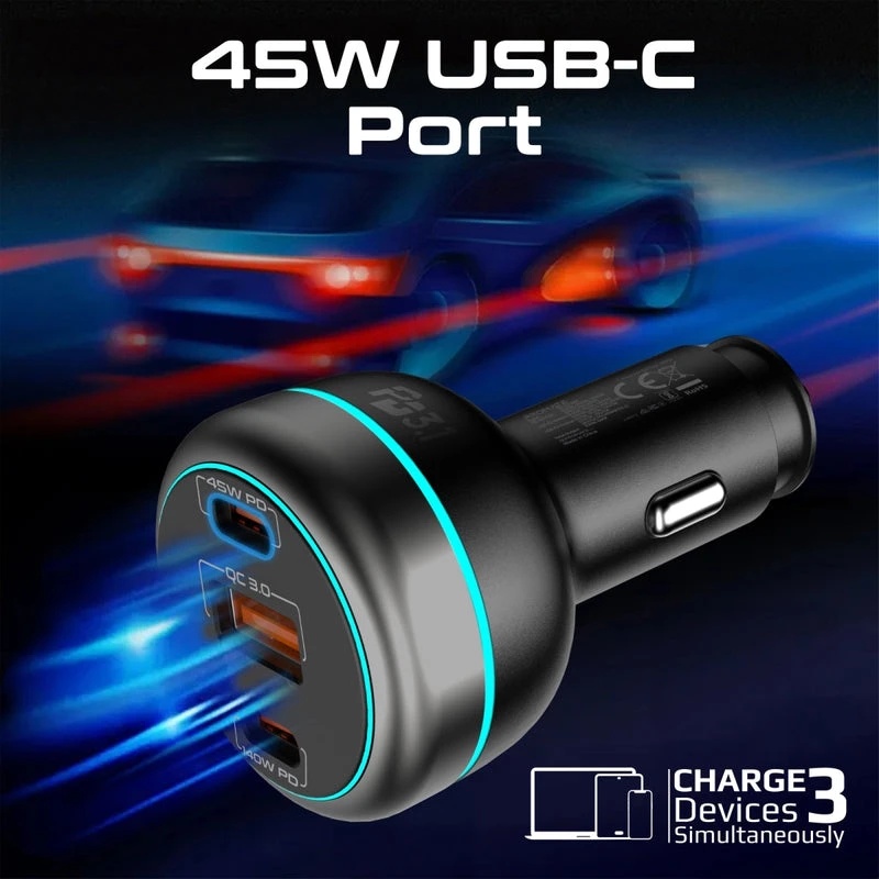 Promate 230W RapidCharge™ Car Charger, 140W PD 3.1, Dual USB-C, 45W USB-A QC 3.0, Multi-Device Fast Charging | PowerDrive-230 |