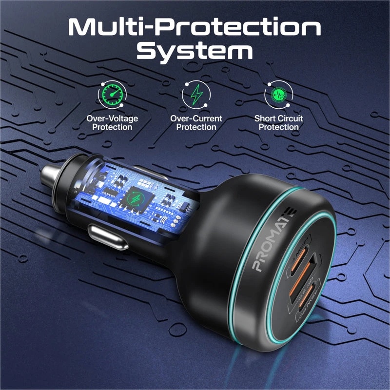 Promate 230W RapidCharge™ Car Charger, 140W PD 3.1, Dual USB-C, 45W USB-A QC 3.0, Multi-Device Fast Charging | PowerDrive-230 |