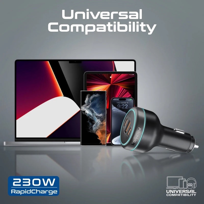Promate 230W RapidCharge™ Car Charger, 140W PD 3.1, Dual USB-C, 45W USB-A QC 3.0, Multi-Device Fast Charging | PowerDrive-230 |
