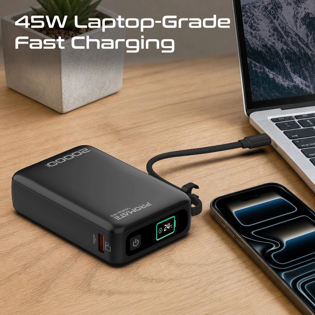 Promate 20000mAh Power Bank, 45W PD Fast Charging, Built-In USB-C Cable, 22.5W USB-A, 3-Device Charging, Smart Display | Volta-45 |