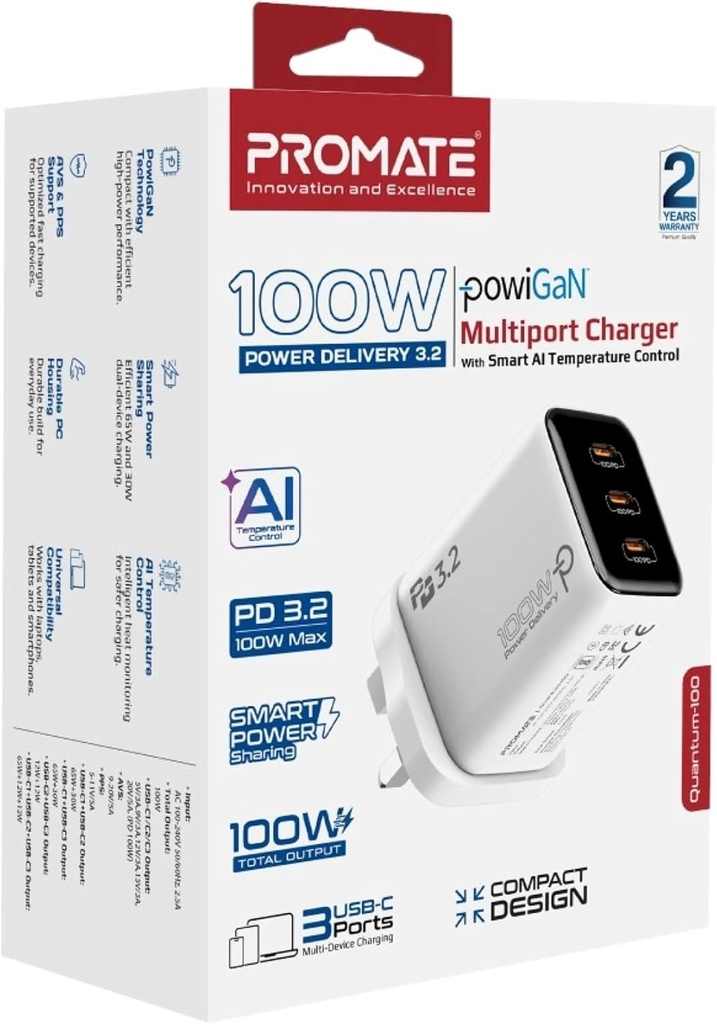 Promate 100W PowiGaN USB-C Charger, 3 Ports, PD 3.2, PPS & AVS, Smart Power Distribution, AI Thermal Protection | Quantum-100 |