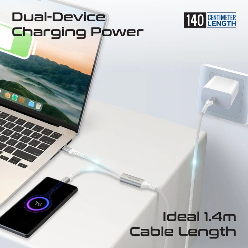 Promate 140W USB-C to Dual USB-C Charging Cable, PD 3.1, 480Mbps Data Transfer, 1.4M Fabric Braided Cable | PowerLink-3C |