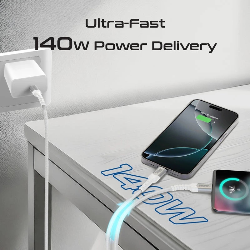 Promate 140W USB-C to Dual USB-C Charging Cable, PD 3.1, 480Mbps Data Transfer, 1.4M Fabric Braided Cable | PowerLink-3C |
