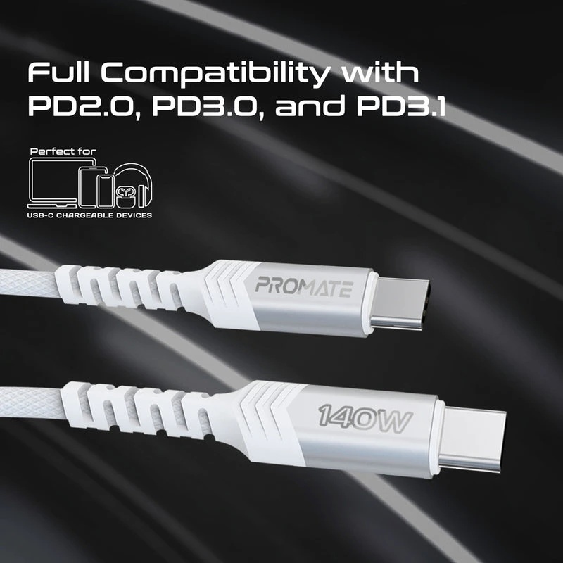 Promate 140W USB-C to Dual USB-C Charging Cable, PD 3.1, 480Mbps Data Transfer, 1.4M Fabric Braided Cable | PowerLink-3C |