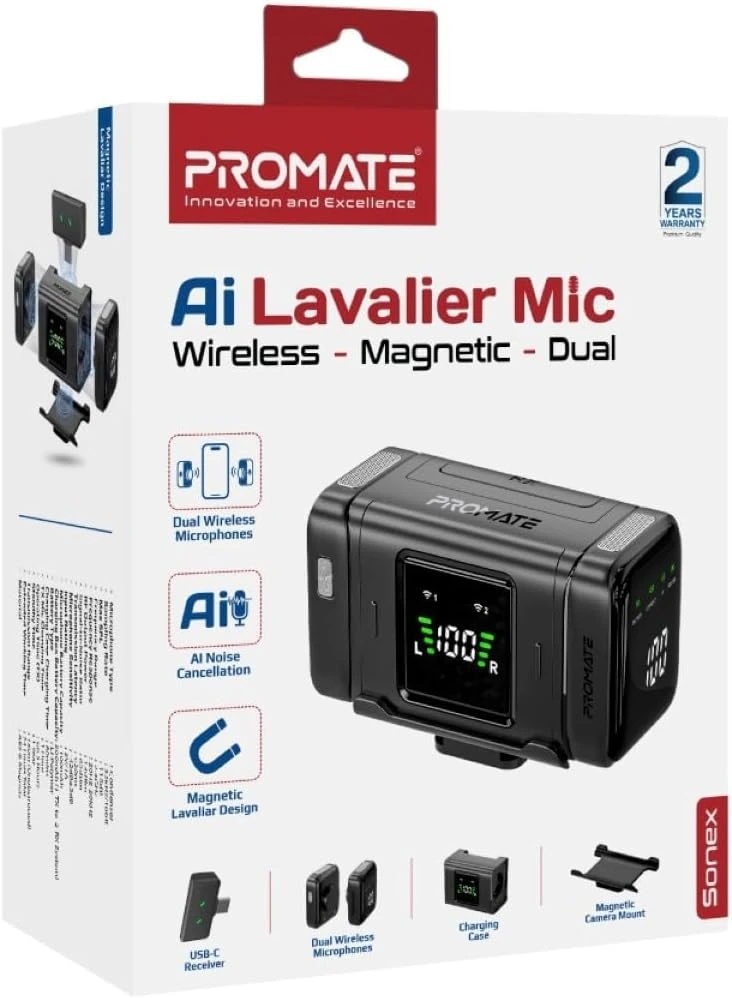 Promate Sonex Wireless AI Lavalier Microphone 2-Pack, AI Noise Cancellation, 24-Hour Battery, 130m Range | Sonex |