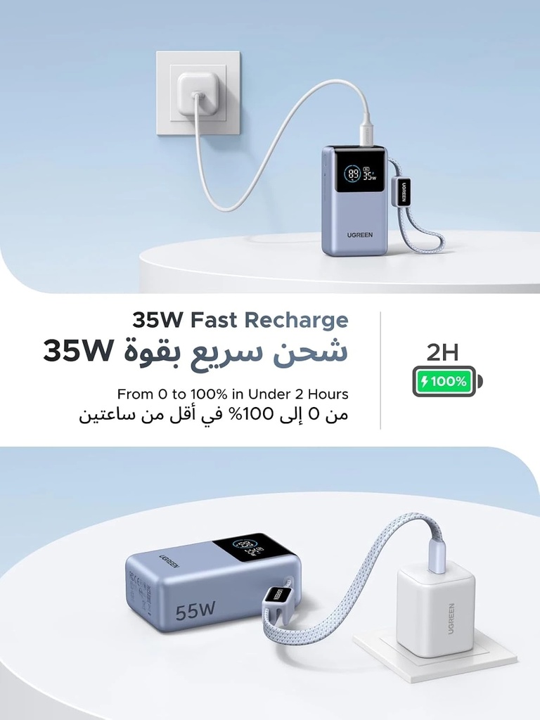 UGREEN Nexode Pro Mini Power Bank 10000mAh, 55W Fast Charging, Built-In USB-C Cable, Digital Display, Triple Device Charging | PB727 / 85301B |