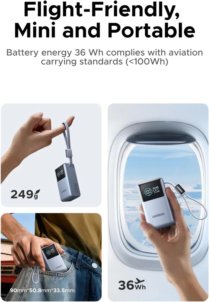 UGREEN Nexode Pro Mini Power Bank 10000mAh, 55W Fast Charging, Built-In USB-C Cable, Digital Display, Triple Device Charging | PB727 / 85301B |