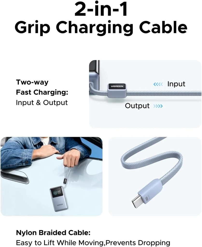 UGREEN Nexode Pro Mini Power Bank 10000mAh, 55W Fast Charging, Built-In USB-C Cable, Digital Display, Triple Device Charging | PB727 / 85301B |