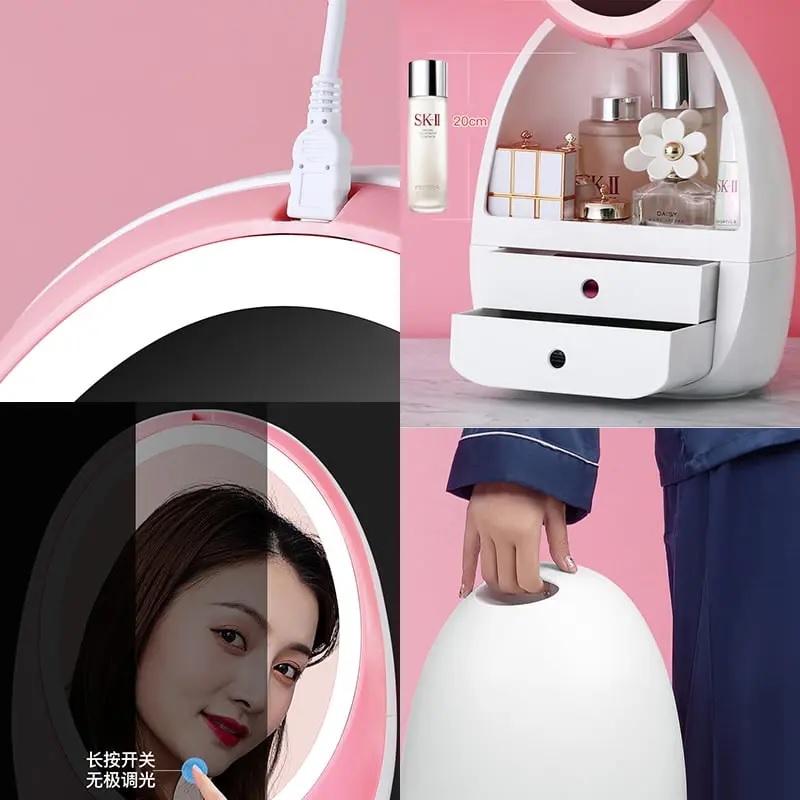 Led Light Makeup Organizer HD Mirror Cosmetics Box