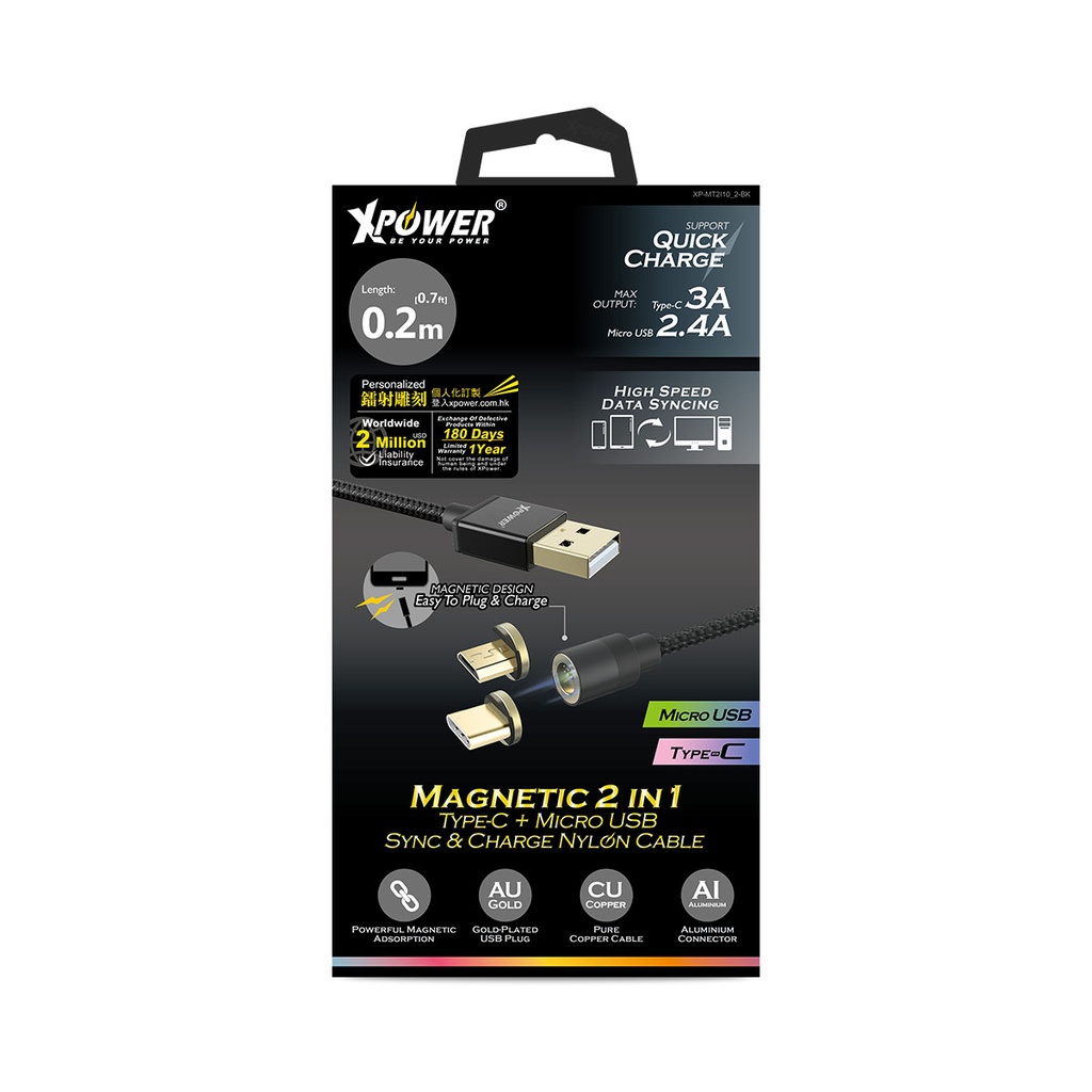 Xpower Magnetic 2-in-1 Type-C + Micro USB Cable (MT2I10_2-BK)