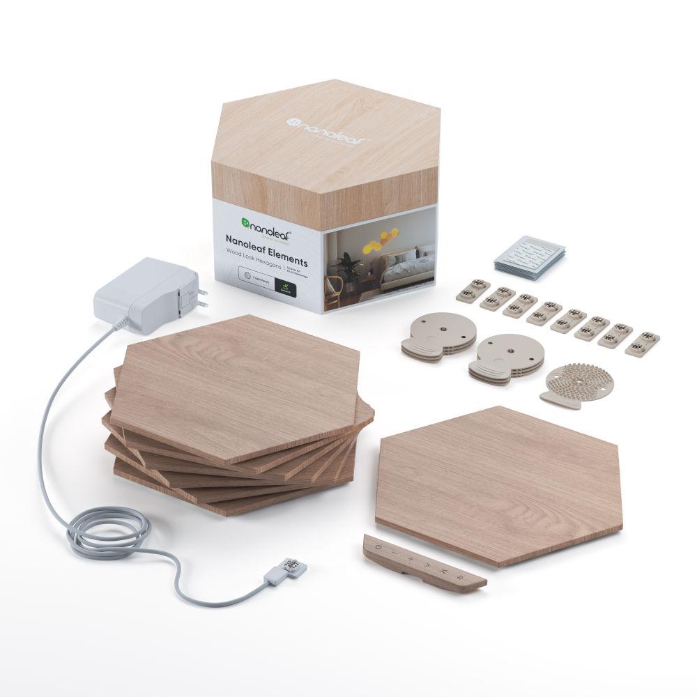 Nanoleaf  - NL52-K-7002HB-7PK Elements Hexagons Starter Kit Birchwood - Smart WiFi LED Panel System w/ Music Visualizer - 7 Pack