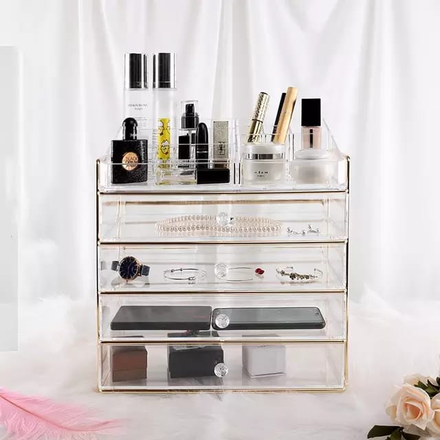 Beautify Cosmetic Organiser Case Table Storage Stand with Champagne Frame for Makeup - Golden