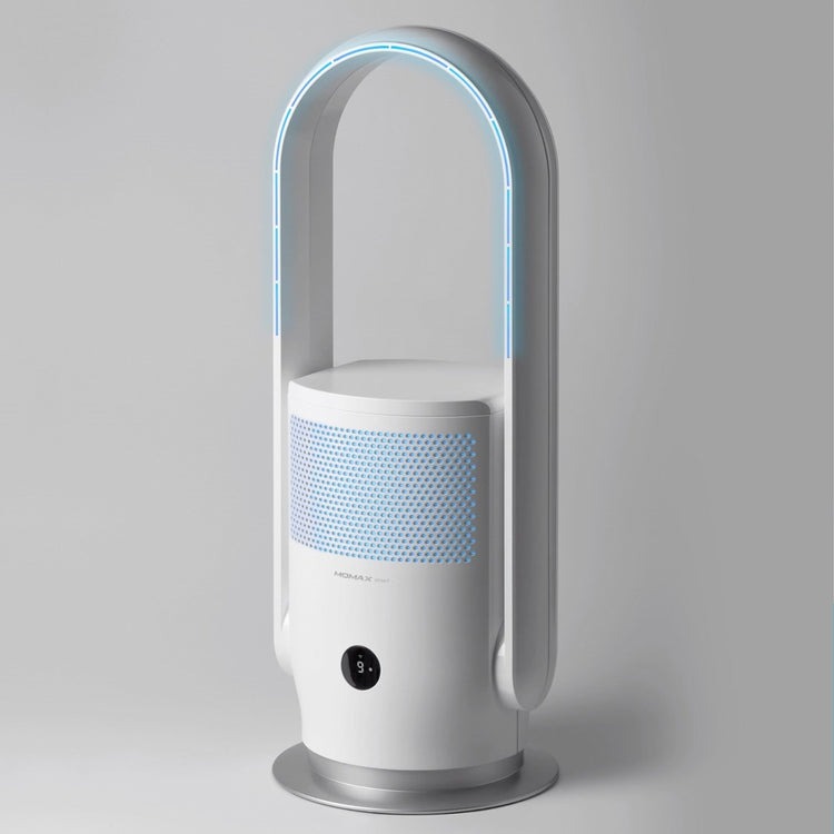 مروحة منقّية للهواء Momax Ultra‑Air IoT UV AP6 بتقنية Bladeless وتصنيف H13 HEPA مع تعقيم UV‑C وتنقية شاملة بزاوية 360° وتسعة سرعات تحكم بالتطبيق