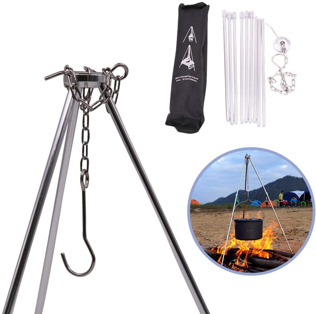 Portable Mini Adjustable Campfire Pot Holder Cooking Stand with Storage Bag & Aluminum Alloy Cooking Hanging Pot