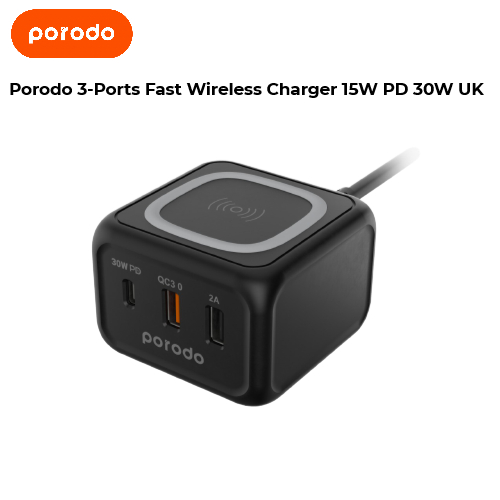 Porodo 3-Ports Fast Wireless Charger 15W PD 30W UK- Black