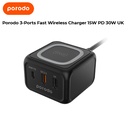 Porodo 3-Ports Fast Wireless Charger 15W PD 30W UK- Black