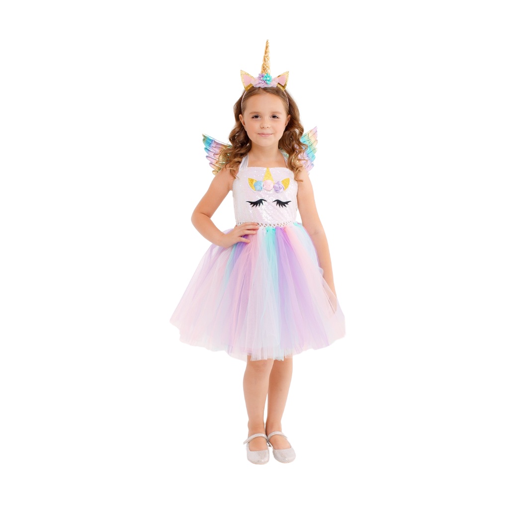 Unicorn Cosplay Costume For Toddler Girls Rainbow Dance Costume with Headband