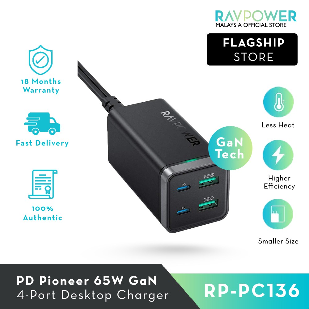 Ravpower | 65W | Power Delivery Multi-port Portable Power Bank With GaN Technology | RP-PC136 |