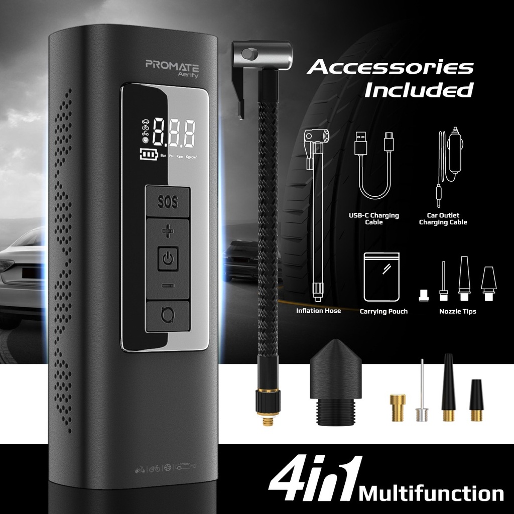 Promate | Aerify | 150PSI Portable Air Compressor With Built-in 6,000mAh Multi-Port Power Bank