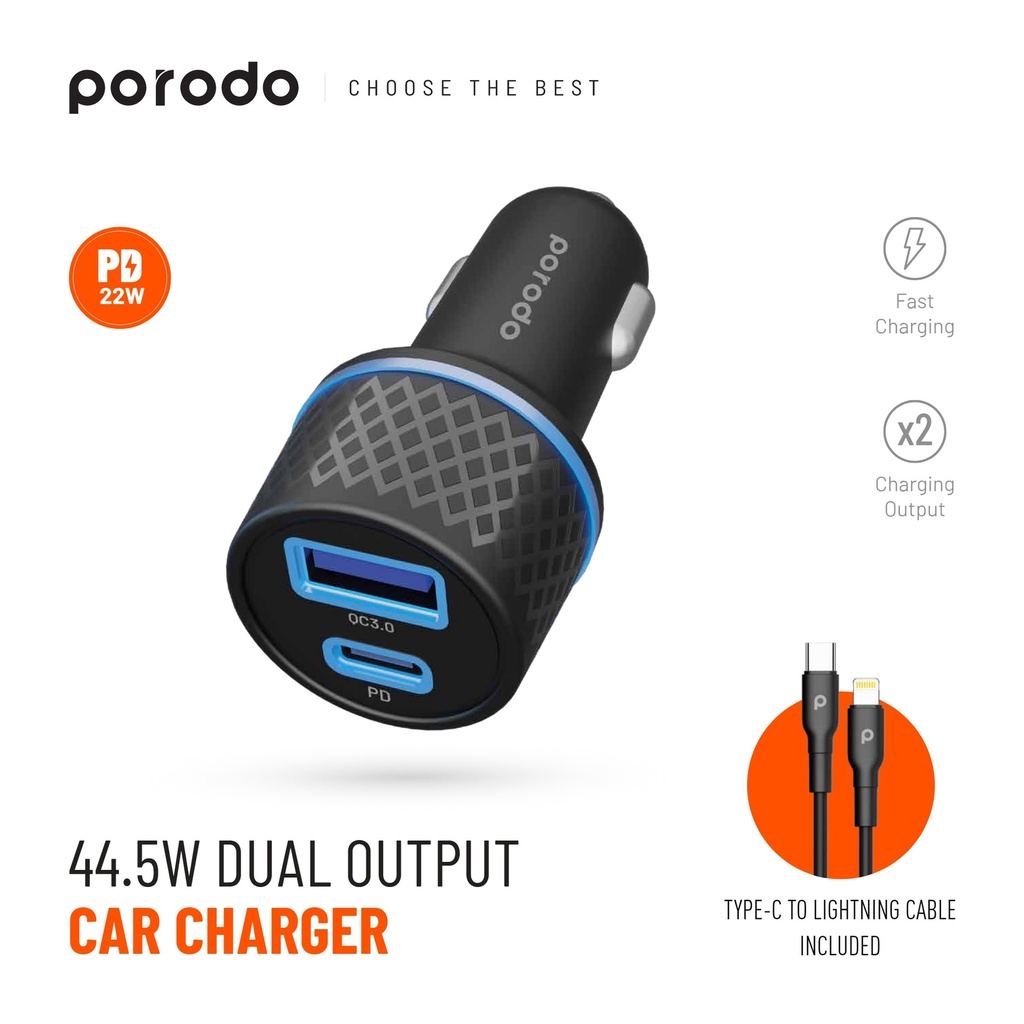 PORODO 44.5W DUAL OUTPUT FAST CAR CHARGER WITH TYPE-C TO IOS CABLE  | PD-CPDCTL-BK |