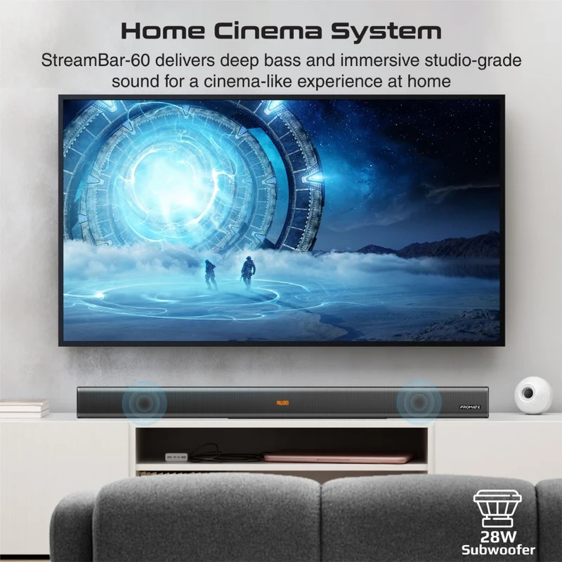Promate | StreamBar-60 | 60W BassBoost™ SoundBar Speaker With Built-in Subwoofer