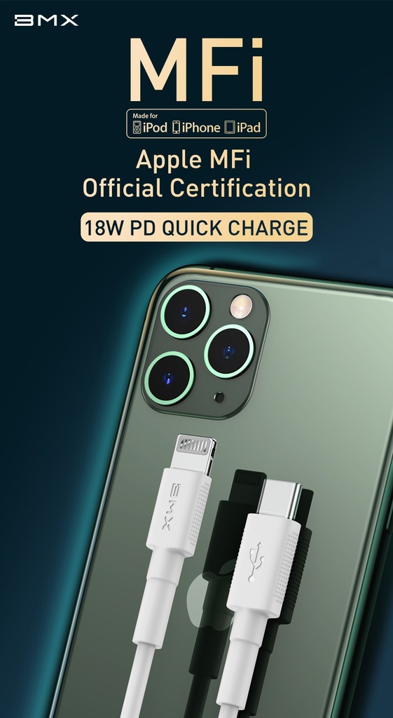 BMX Mini White MFi Certified Cable USB Type-C To Lightning PD 18w