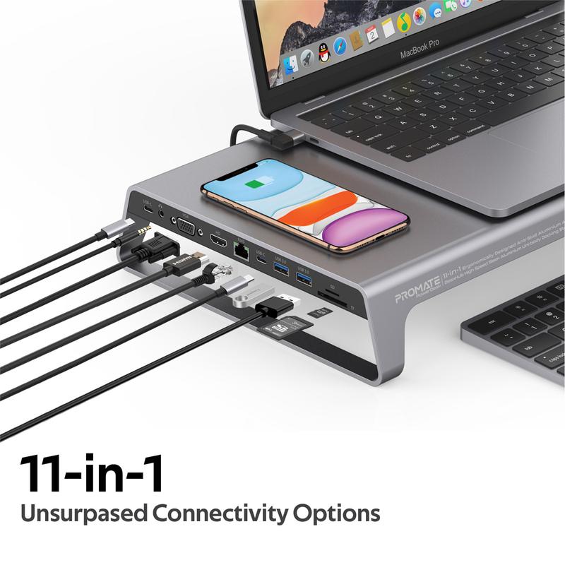 PROMATE 11-in-1 Ergonomically Designed Anti-Skid Aluminium Alloy DeskHub